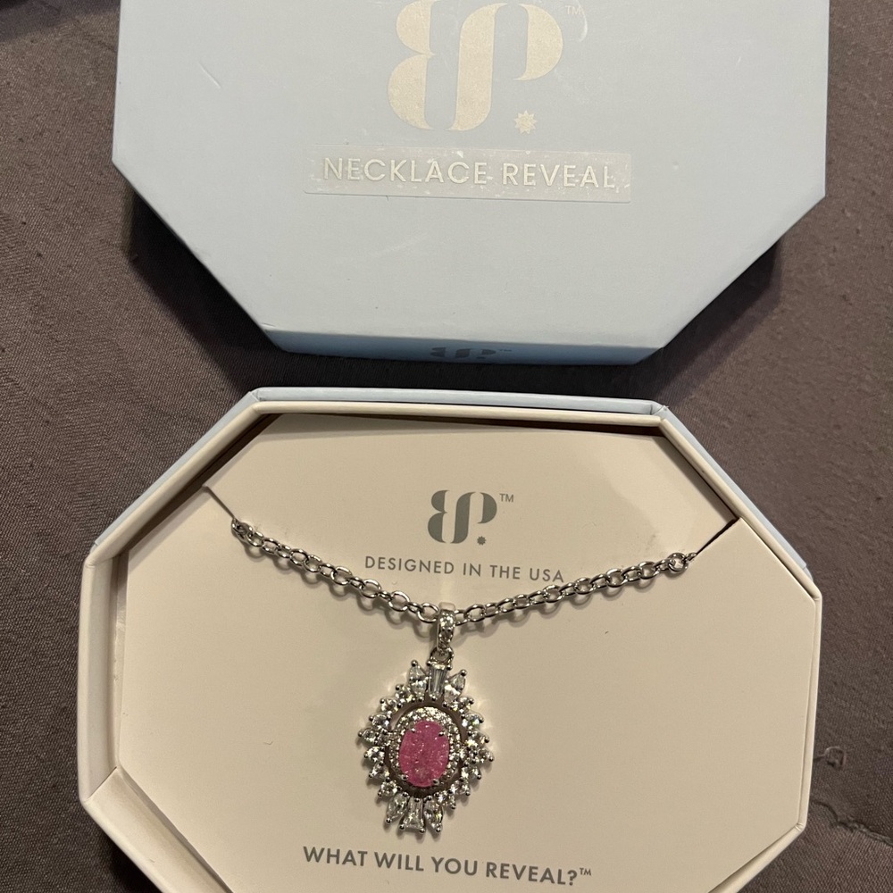 BP Necklace Reveal Lab Created Pink Ice Crystal and Rhodium plated Necklace